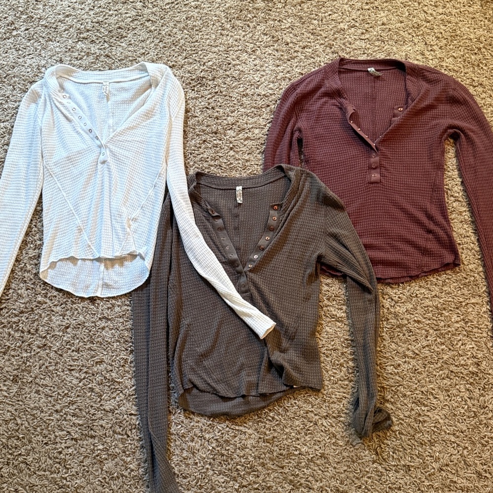 Free People Long Sleeve Henley Tops Brown Purple White